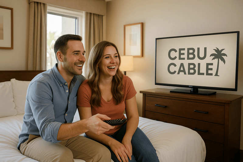 Happy guests enjoying Cebu Cable in a hotel room