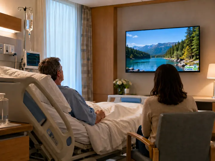Patient and watcher watching Cebu Cable on a wide LED TV in a hospital room