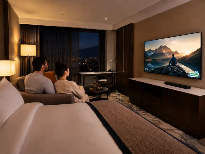 Hotel guests watching Cebu Cable on a wide LED TV