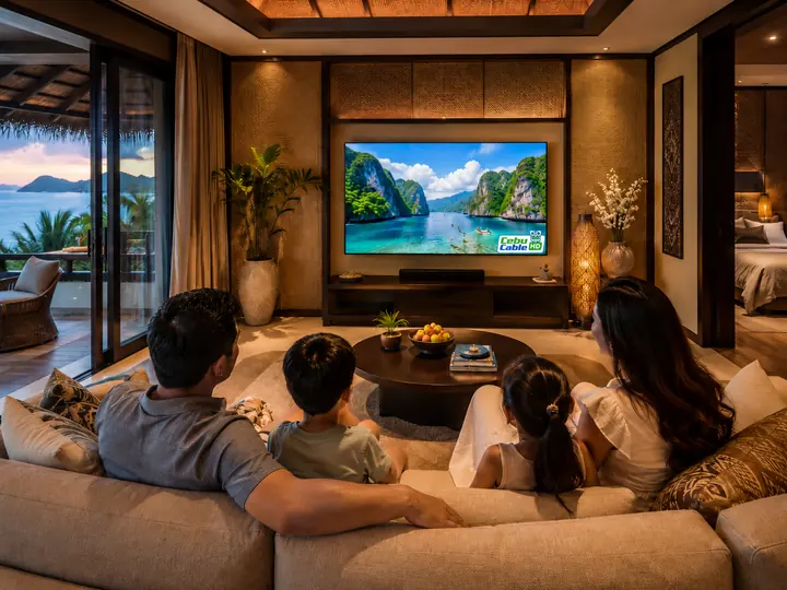 Family watching Cebu Cable on a wide LED TV in a resort